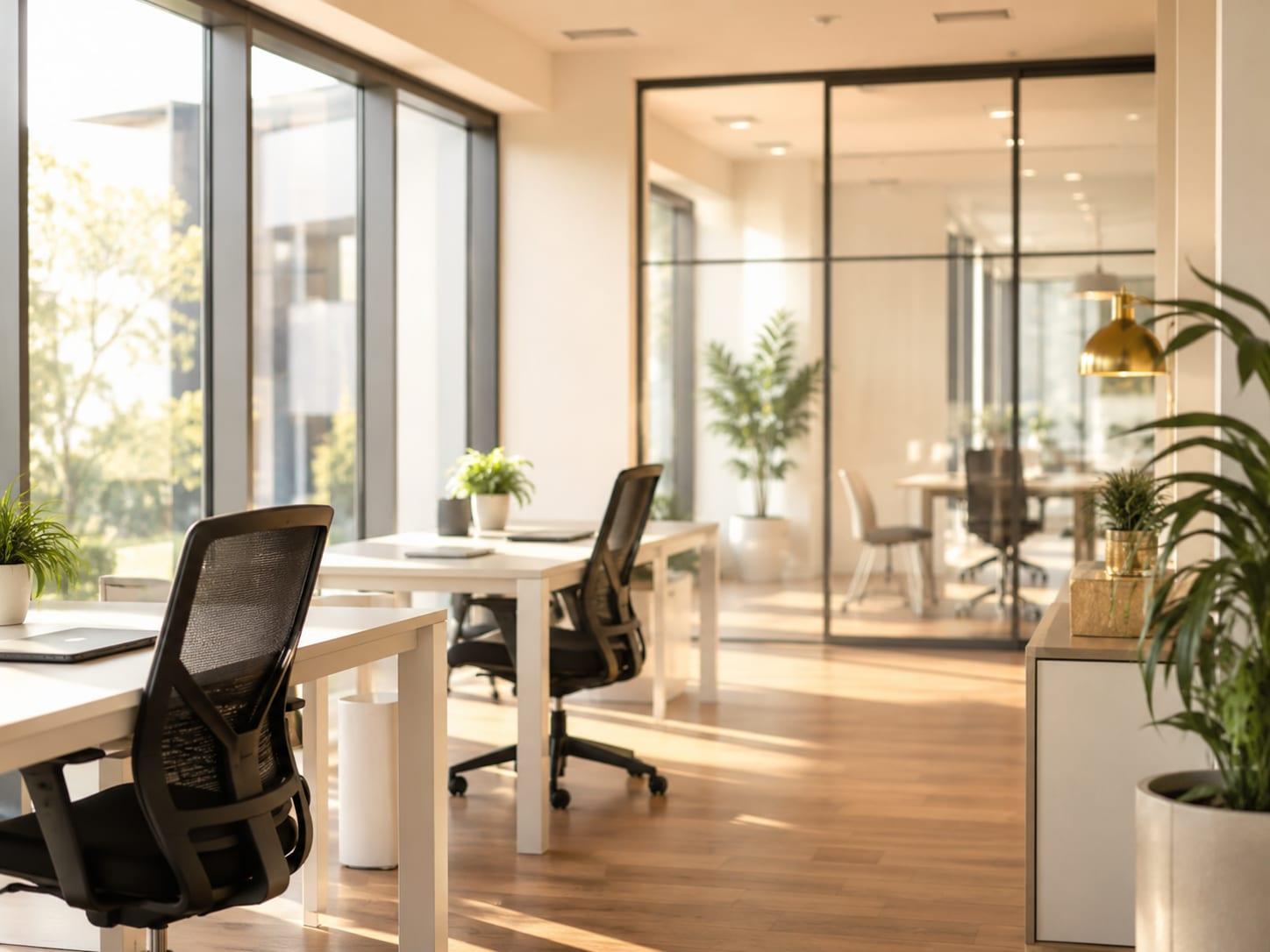 Bright modern office with glass partitions and tidy workstations after a commercial clean