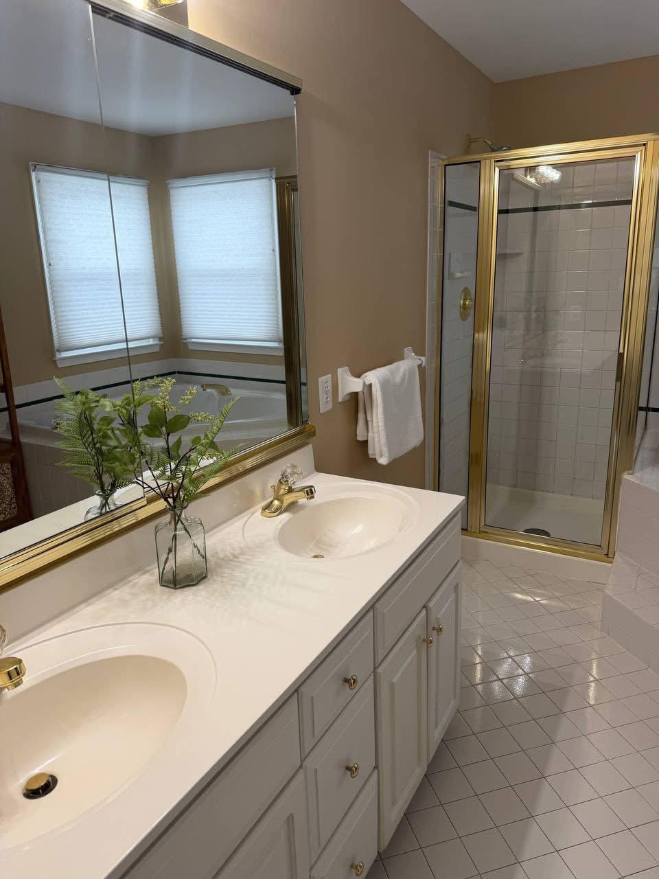 Bathroom double vanity and shower cleaned to a shine